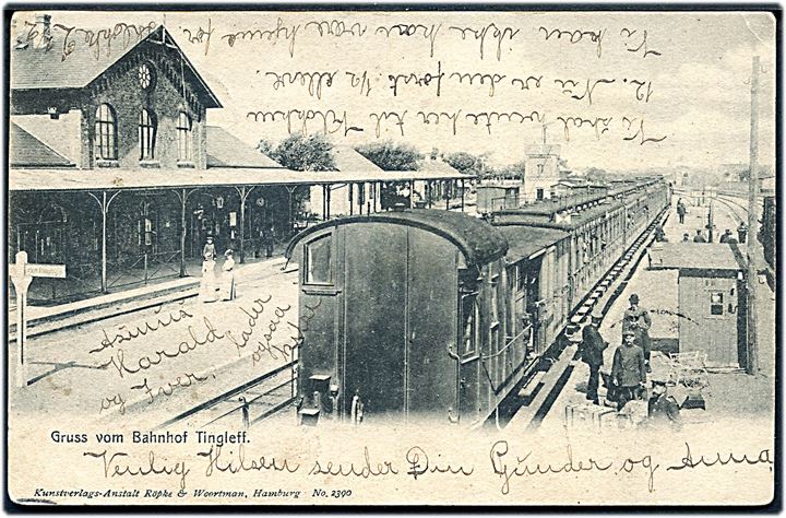 Tinglev, jernbanestation og holdende tog. Röpke & Woortman no. 2390. Kvalitet 7