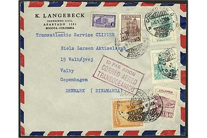 1,55 blandingsfrankeret luftpostbrev fra Bogota d. 9.1.1947 til København, Danmark.