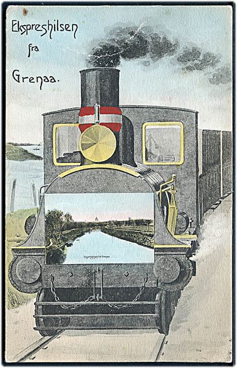 Grenaa, “Ekspreshilsen” med damptog og parti. Stenders no. 5308. Fold i toppen. Kvalitet 6