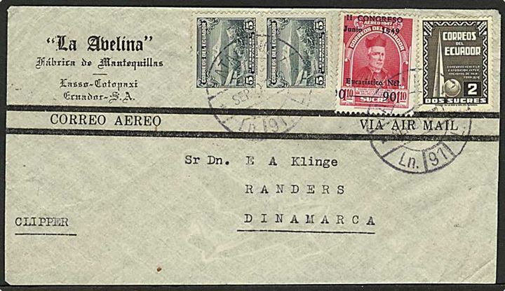 Blandingsfrankeret luftpostbrev fra Equador d. 29.9.1949 til Randers, Danmark.