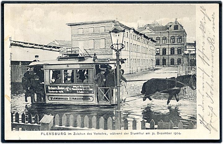 Tyskland. Flensburg, hestetrukken sporvogn under stormfloden d. 31.12.1904. No. 36153. Kvalitet 8