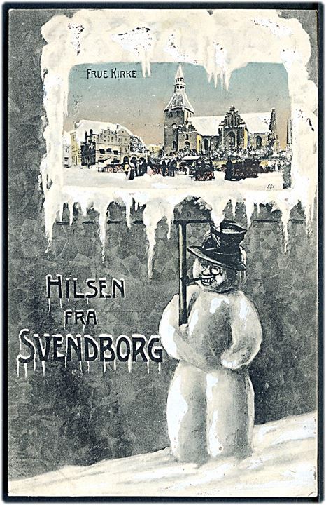 Svendborg, “Hilsen fra” med snemand og Frue Kirke. A. Vincent u/no. Kvalitet 8