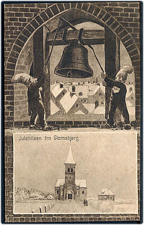 Glamsbjerg, “Nisser i klokketårn”. Tegnet af Fritz Kraul. Stenders no. 49119. Kvalitet 9