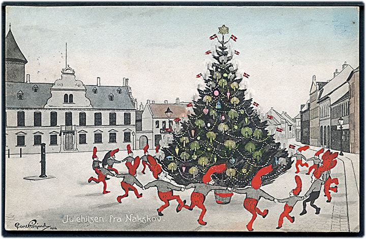Nakskov, “Nisser i Gadebilledet” dans om juletræ. Tegnet af Carl Røgind. T. Øborg 8547. Kvalitet 8