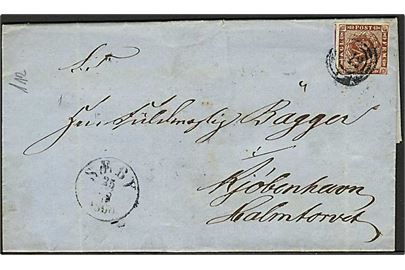 4 sk. 1858 udg. på brev annulleret med nr.stempel 112 og sidestemplet antiqua Sæby d. 25.12.1860 til København.