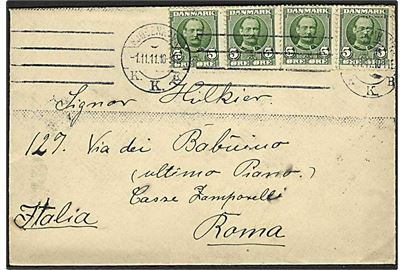 5 øre Fr. VIII i 2 parstykker på brev fra Kjøbenhavn d. 1.11.1911 til Rom, Italien.