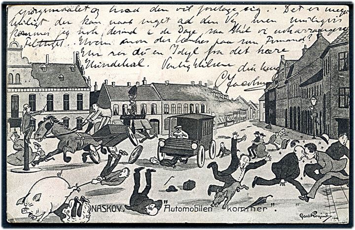 Nakskov, “Automobilen kommer”. Tegnet af Carl Røgind. Stenders no. 5845. Kvalitet 7