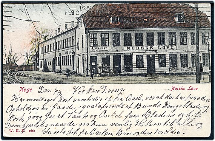 Køge, Nørregade hj. Niels Juelsgade med bygningen “Norske Løve”. Warburg no. 1661. Kvalitet 7