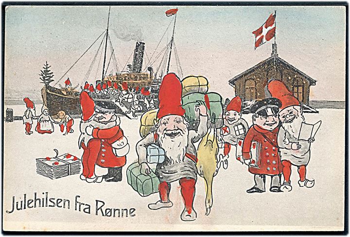 Rønne, “Nisser i Gadebilledet” på havnen med juleskib. Tegnet af Ludvig Møgelgaard. Colberg u/no. Kvalitet 9