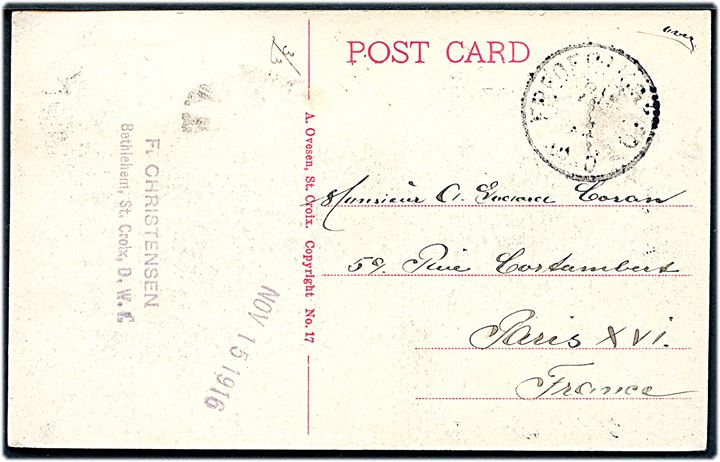D.V.I., St. Croix, Estate “Mh. Pleasant” laborers home. A. Ovesen no. 17. Sendt til Frankrig 1916.  Kvalitet 8