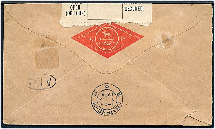 2½d George V på brev fra Llanelly d. 31.8.1914 til Amsterdam, Holland. Åbnet af tidlig britisk censur med provisorisk censurbanderole: Found open (or torn) and officially secured. Ank.stemplet i Amsterdam d. 5.9.1914.