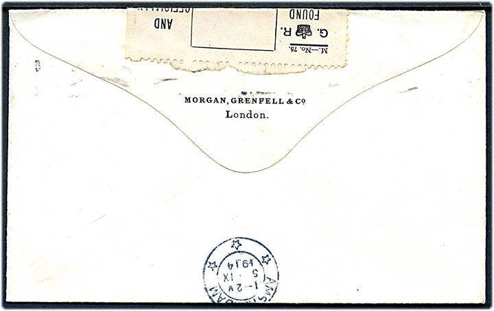 2½d George V på brev fra London d. 31.8.1914 til Amsterdam, Holland. Åbnet af tidlig britisk censur med provisorisk censurbanderole: Found open (or torn) and officially secured. Ank.stemplet i Amsterdam d. 5.9.1914.
