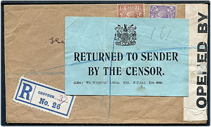 1½d og 3d George V på anbefalet brev fra Croydon d. 23.11.1917 til Danmark. Åbnet af britisk censur og returneret med blå etiket: Returned to sender by the Censor. Papirrester påklæbet bagsiden.