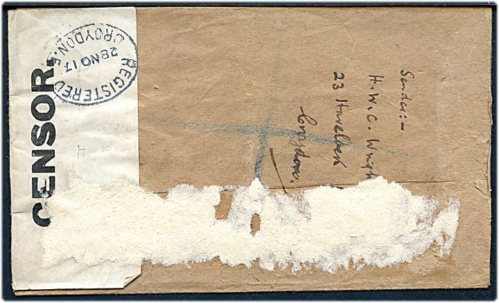 1½d og 3d George V på anbefalet brev fra Croydon d. 23.11.1917 til Danmark. Åbnet af britisk censur og returneret med blå etiket: Returned to sender by the Censor. Papirrester påklæbet bagsiden.