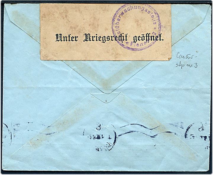 20 øre Chr. X på brev fra Kjøbenhavn d. 3.3.1919 til Flensburg. Åbnet af tysk censur i Flensburg  med banderole Unter Kriegsrecht geöffnet stemplet Postüberwachungsstelle Flensburg.