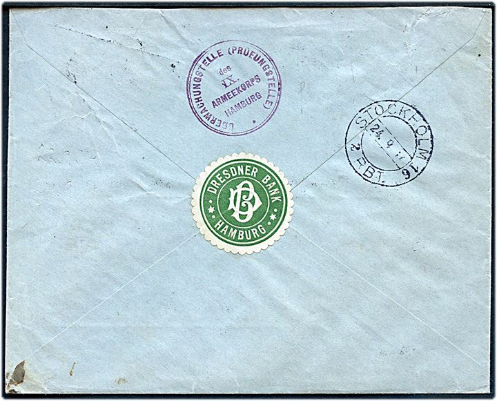 50 pfg. Germania på anbefalet brev fra Hamburg d. 22.9.1914 til Stockholm, Sverige. På bagsiden censurstempel: Überwachungstelle (Prüfungsstelle) des IX. Armeekorps Hamburg.