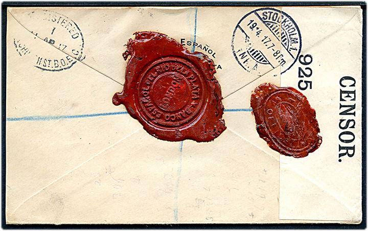 ½d og 2d (par) George V med perfin (B.E.R.F.) på anbefalet brev fra London d. 11.4.1917 til Stockholm, Sverige. Åbnet af britisk censur no. 925 med laksegl Postal Censor.
