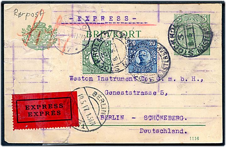 5 öre helsagsbrevkort opfrankeret med 5 öre og 20 öre Gustaf sendt ekspres fra Stockholm d. 8.5.1917 til Berlin-Schöneberg, Tyskland. Befordret med rørpost i Berlin med påskrift Sch1 og ank.stempel Berlin-Schöneberg 1 d. 10.5.1917. Foldet med tape i underkanten.