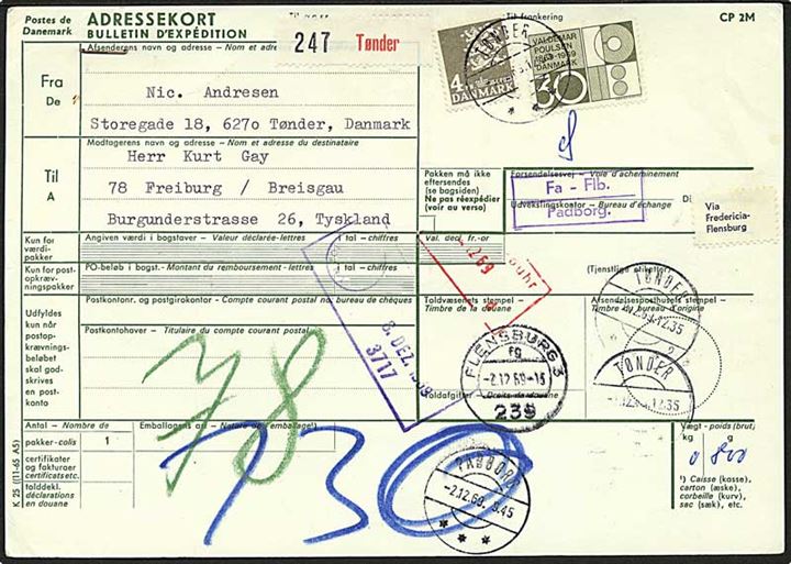 30 øre Valdemar Poulsen og 4 kr. Rigsvåben på internationalt adressekort for pakke fra Tønder d. 1.12.1969 til Freiburg, Tyskland. Rammestempel: Fa - Flb. / Padborg.