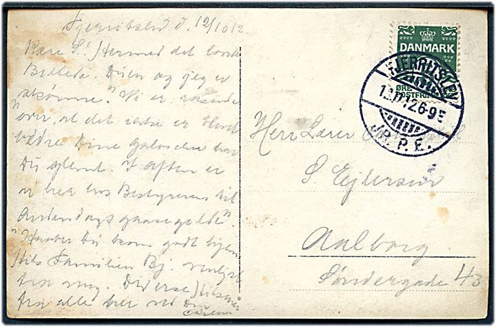 5 øre Bølgelinie på brevkort annulleret med brotype Ia Fjerritslev JB.P.E. d. 12.10.1912 til Aalborg.