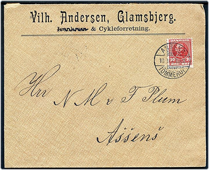 10 øre Fr. VIII på fortrykt kuvert fra Glamsbjerg annulleret med bureaustempel Assens - Tommerup T.902 d. 10.9.1907 til Assens.