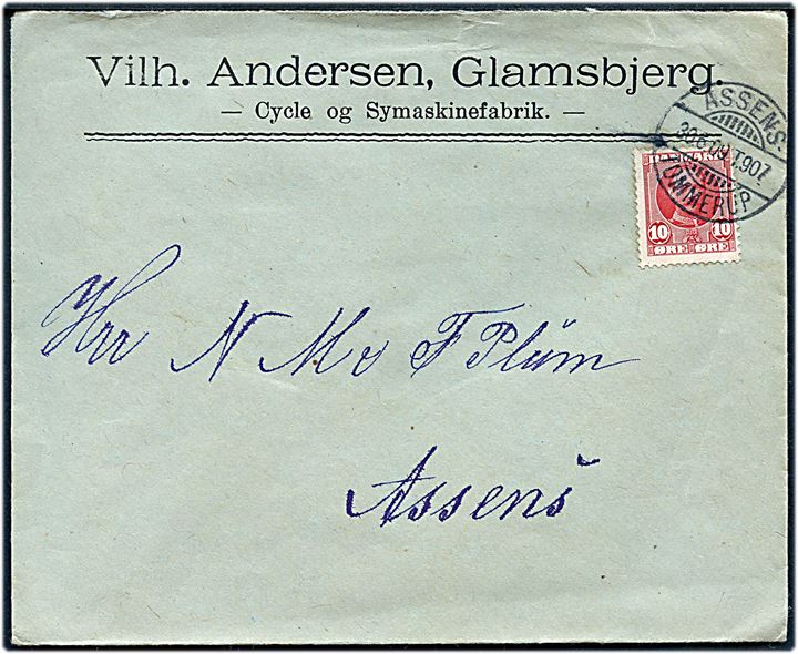 10 øre Fr. VIII på fortrykt kuvert fra Glamsbjerg annulleret med bureaustempel Assens - Tommerup T.907 d. 30,6,1909 til Assens.