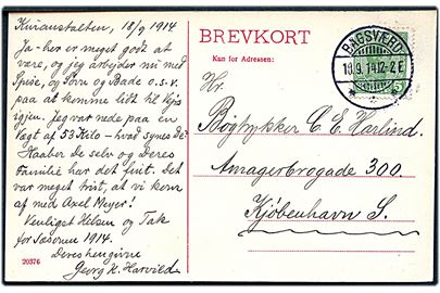 5 øre Chr. X på brevkort (Hareskov Kuranstalt) annulleret med brotype Ia Bagsværd d. 18.9.1914 til København.