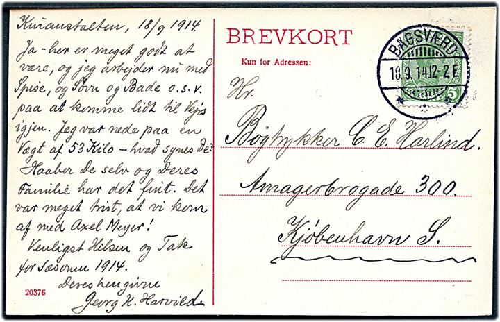 5 øre Chr. X på brevkort (Hareskov Kuranstalt) annulleret med brotype Ia Bagsværd d. 18.9.1914 til København.