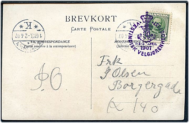 5 øre Fr. VIII på lokalt brevkort i København annulleret med særstempel Vestindisk Velgjørenhedsfest d. 1.-2.-3. april 1907.