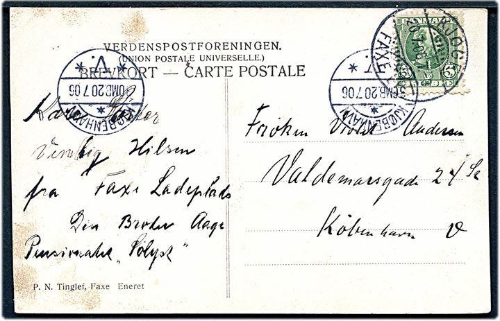 5 øre Chr. IX på brevkort fra Fakse Ladeplads annulleret med bureaustempel Kjøge - Faxe Lp. T.3 d. 20.7.1905 til København.