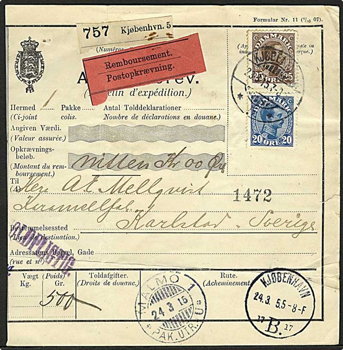 20 øre og 25 øre Chr. X på internationalt adressekort for pakke med opkrævning fra Kjøbenhevn d. 23.3.1915 til Karlstad, Sverige.