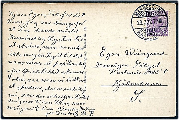 15 øre Chr. X på brevkort (Parti fra Kallehave Strand) annulleret med bureaustempel Masnedsund - Kallehave T.5 d. 29.7.1922 til Kjøbenhavn.