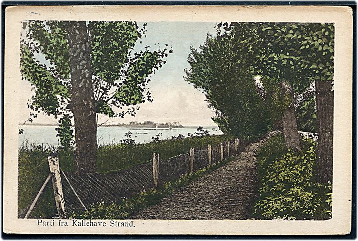 15 øre Chr. X på brevkort (Parti fra Kallehave Strand) annulleret med bureaustempel Masnedsund - Kallehave T.5 d. 29.7.1922 til Kjøbenhavn.