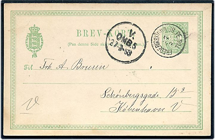5 øre Våben helsagsbrevkort annulleret med lapidar Frederiksborg JB.PE. d. 7.3.1893 til København.