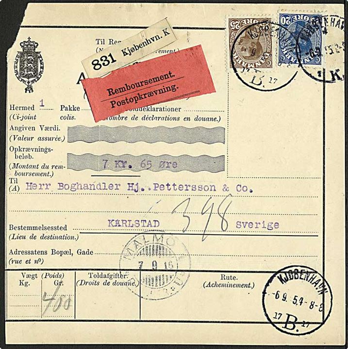20 øre og 25 øre Chr. X på internationalt adressekort for pakke med opkrævning fra Kjøbenhavn d. 6.9.1915 til Karlstad, Sverige.