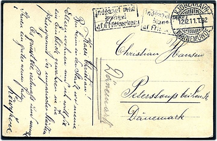 Brevkort fra Essegg, Böhmen med bureaustempel Kjøbenhavn - Warnemünde T.92 d. 12.12.1911 til Lou St., Danmark. Rammestempel Indgaaet med mangel af Frimærke.