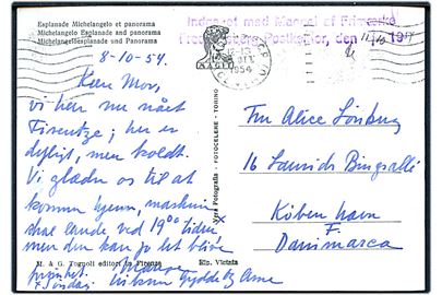 Brevkort fra Firenze d. 8.10.1954 til København. Violet stempel: Indgaaet med mangel af Frimærke / Frederiksberg Postkontor.