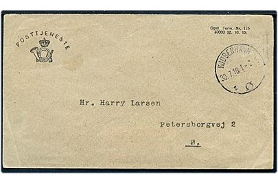 Ufrankeret fortrykt postsagskuvert Post Tjeneste Opm. Form. Nr. 153 20000 12.10.15 sendt lokalt i Kjøbenhavn Ø. d. 30.7.1918. På bagsiden liniestempel Østerbro Postkontor.