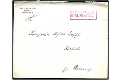 20 øre posthusfranko frankeret brev fra København d. 28.2.1924 til Rørbæk pr. Revinge. Forsøgsstempel benyttet ved Omkarteringspostkontoret i perioden 6.12.1923-15.4.1924.