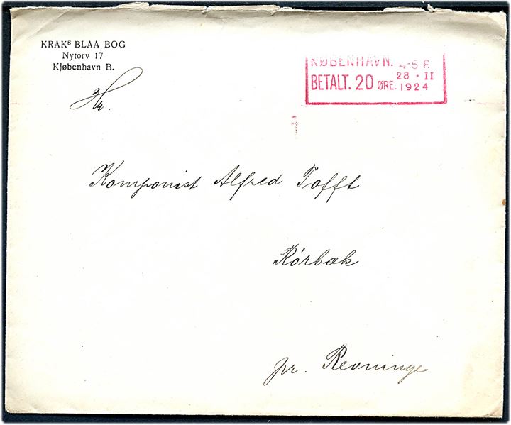 20 øre posthusfranko frankeret brev fra København d. 28.2.1924 til Rørbæk pr. Revinge. Forsøgsstempel benyttet ved Omkarteringspostkontoret i perioden 6.12.1923-15.4.1924.