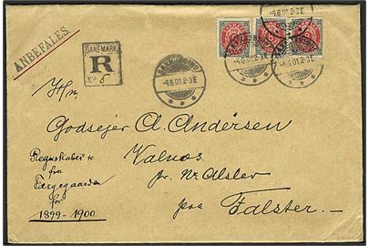 8 øre Tofarvet omv. ramme i 3-stribe på anbefalet brev fra Saxkjøbing d. 4.6.1901 til Valnæs pr. Nr. Alslev.