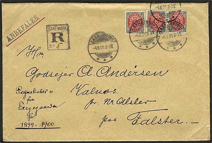 8 øre Tofarvet omv. ramme i 3-stribe på anbefalet brev fra Saxkjøbing d. 4.6.1901 til Valnæs pr. Nr. Alslev.