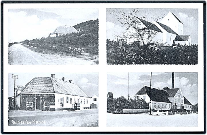 Manna, med Købmand K. Overgaard, Mejeriet, Thise Kirke mm. Stenders no. 70089.