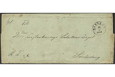 1854. Kongeligt tjenestebrev med antiqua stempel Randers d. 10.1.1854 til 2. Forstærknings Bataillons Depot i Sønderborg. På bagsiden laksegl: 5te Dragon Regmts. Depot Eskadron.