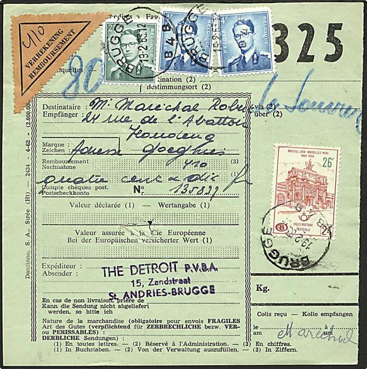 10 fr. frimærker og 26/24 fr. banemærke på fragtbrev for forsendelse med efterkrav fra Brugge d. 19.2.1963.