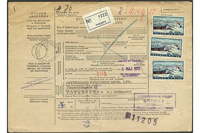 30 d. (3) på internationalt adressekort for pakke fra Pireefs d. 22.4.1970 til København, Danmark.