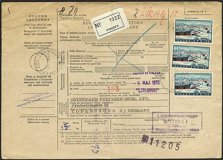 30 d. (3) på internationalt adressekort for pakke fra Pireefs d. 22.4.1970 til København, Danmark.