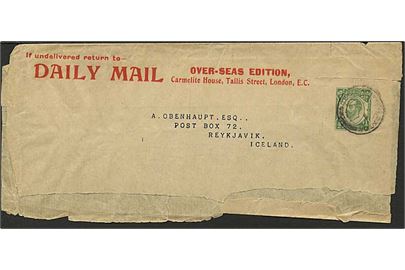 Engelsk ½d George V helsagskorsbånd fra Daily Mail stemplet London 1915 til Reykjavik, Island. Flosset.