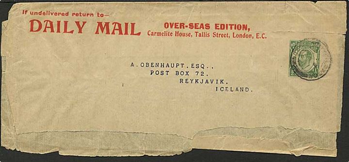 Engelsk ½d George V helsagskorsbånd fra Daily Mail stemplet London 1915 til Reykjavik, Island. Flosset.