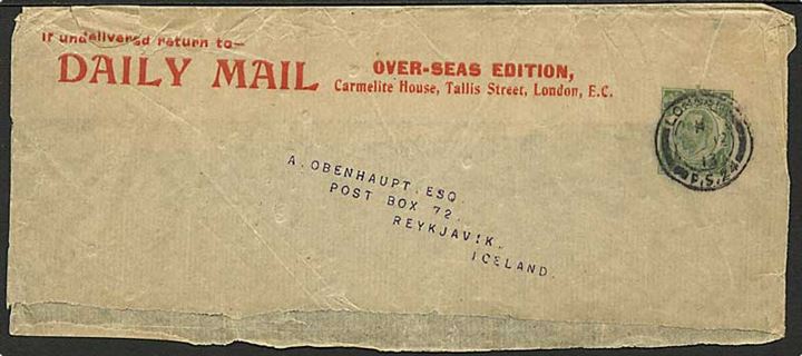 Engelsk ½d George V helsagskorsbånd fra Daily Mail stemplet London 1913 til Reykjavik, Island.